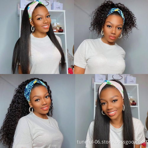 Brazilian Raw Human Virgin Remy Hair Headband Wig Vendor Wholesale Machine Made None Lace Glueless Wig Customized Styles